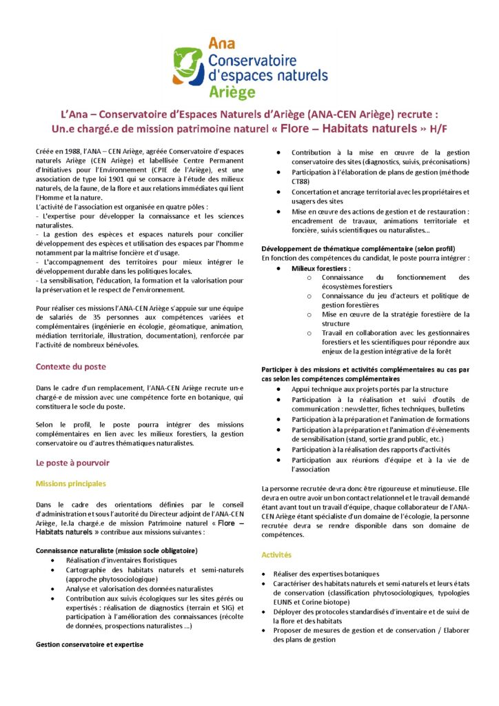 Aperçu de l'offre d'emploi Flore – Habitats naturels